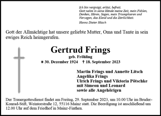 Traueranzeige von Gertrud Frings von Allgemeine Zeitung Mainz