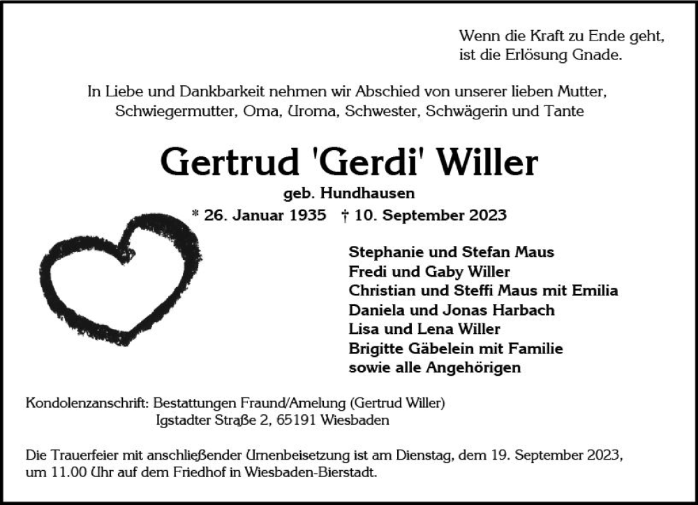  Traueranzeige für Gertrud  Willer vom 16.09.2023 aus Wiesbadener Kurier