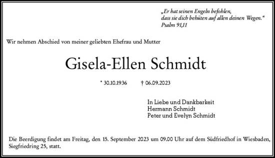Traueranzeige von Gisela-Ellen Schmidt von Wiesbadener Kurier