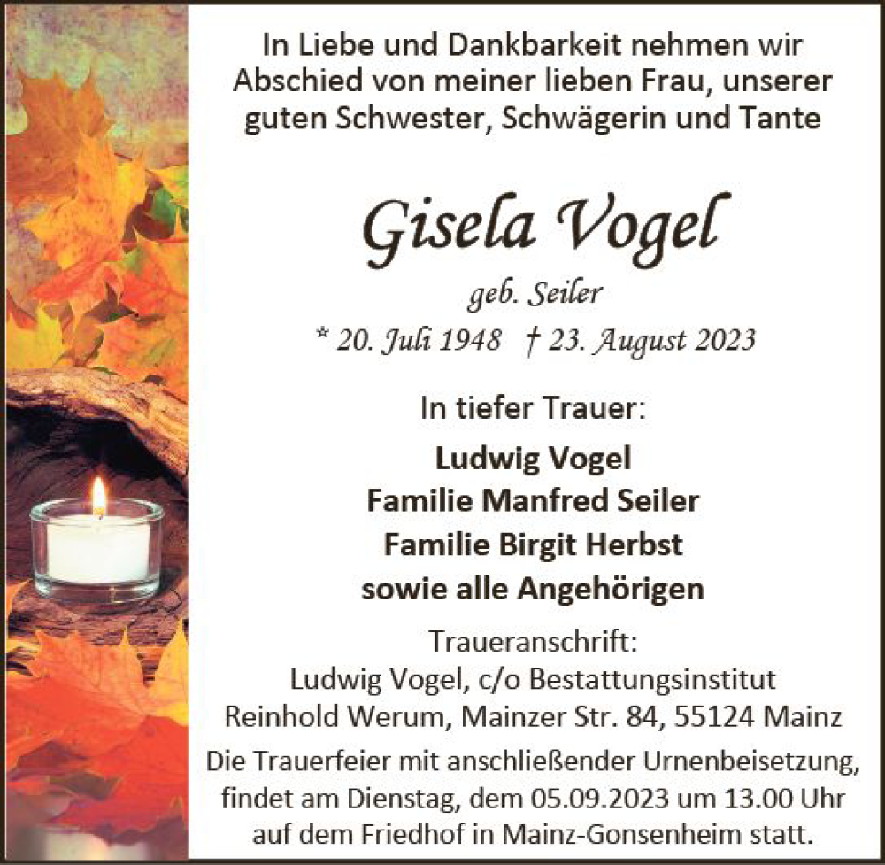  Traueranzeige für Gisela Vogel vom 02.09.2023 aus Allgemeine Zeitung Bingen/Ingelheim