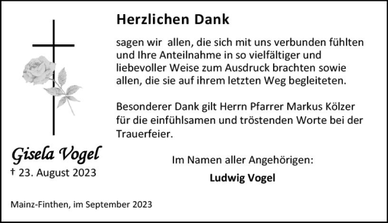 Traueranzeige von Gisela Vogel von Allgemeine Zeitung Mainz