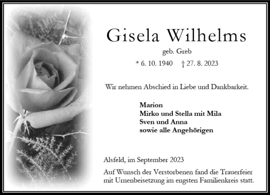 Traueranzeige von Gisela Wilhelms von Oberhessen Kurier