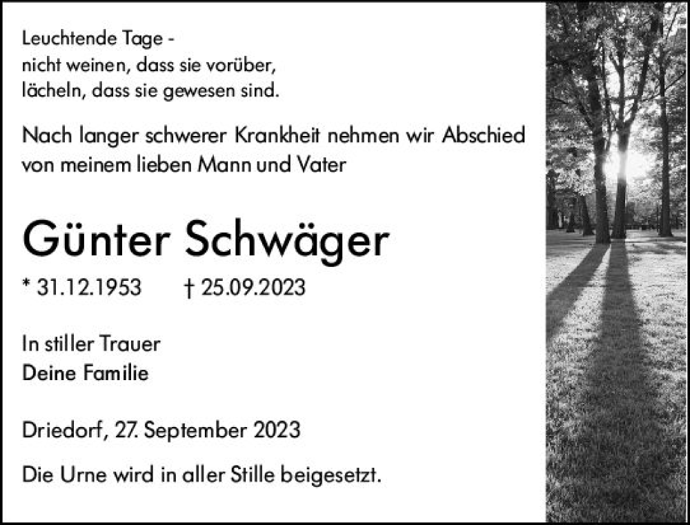  Traueranzeige für Günter Schwäger vom 27.09.2023 aus Dill Block