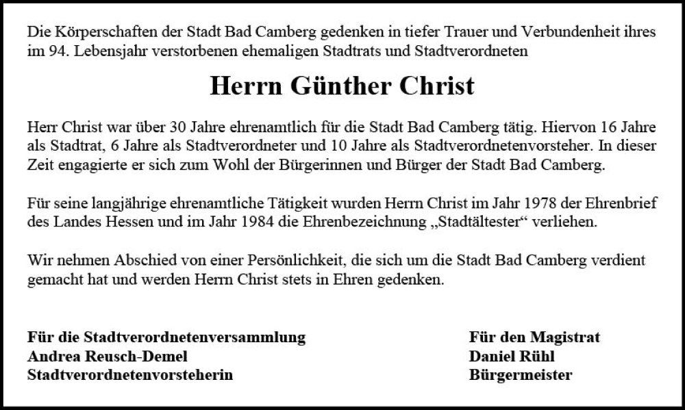  Traueranzeige für Günther Christ vom 21.09.2023 aus Camberger Anzeiger