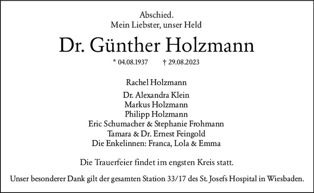  Traueranzeige für Günther Holzmann vom 02.09.2023 aus Wiesbadener Kurier