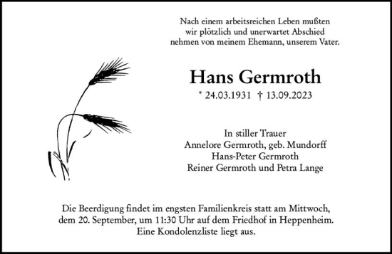 Traueranzeige von Hans Germroth von Wormser Zeitung