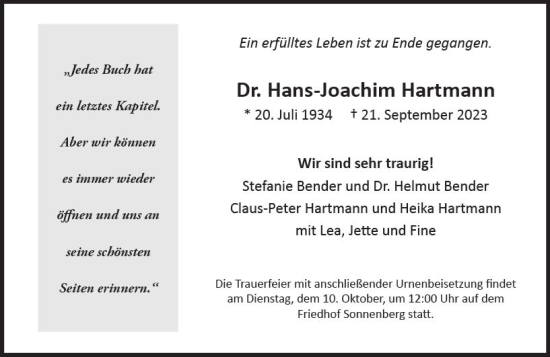 Traueranzeige von Hans-Joachim Hartmann von Wiesbadener Kurier