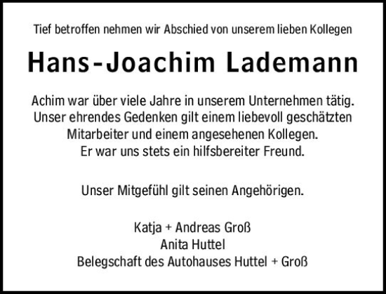 Traueranzeige von Hans-Joachim Lademann von Wetzlarer Neue Zeitung