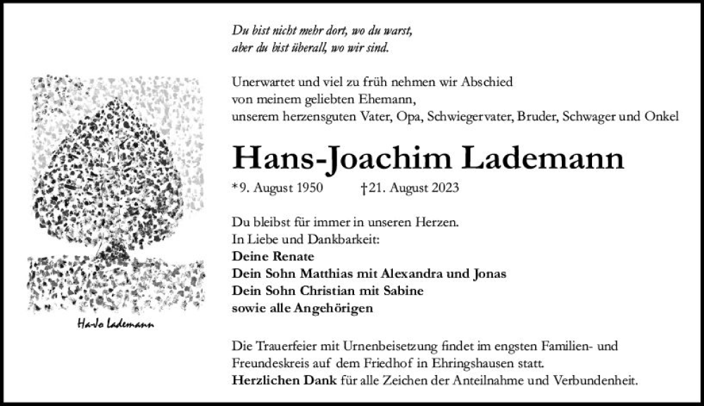  Traueranzeige für Hans-Joachim Lademann vom 05.09.2023 aus Wetzlarer Neue Zeitung