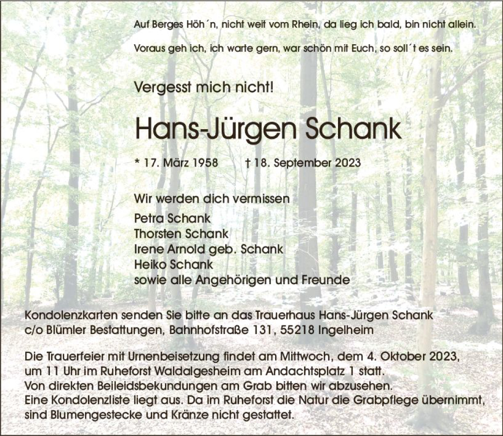  Traueranzeige für Hans-Jürgen Schank vom 23.09.2023 aus Allgemeine Zeitung Bingen/Ingelheim