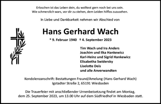 Traueranzeige von Hans Gerhard Wach von Wiesbadener Kurier