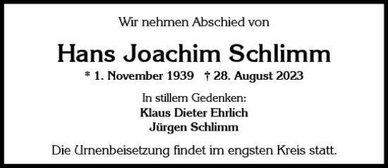 Traueranzeige von Hans Joachim Schlimm von Wiesbadener Kurier