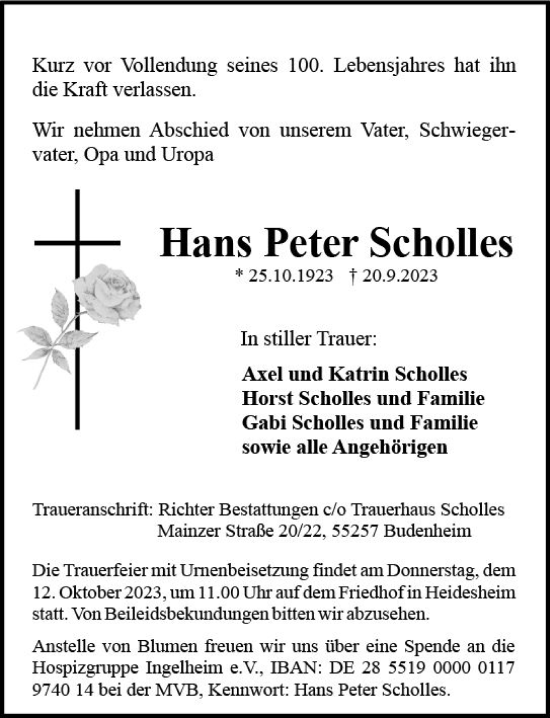 Traueranzeige von Hans Peter Scholles von Allgemeine Zeitung Bingen/Ingelheim