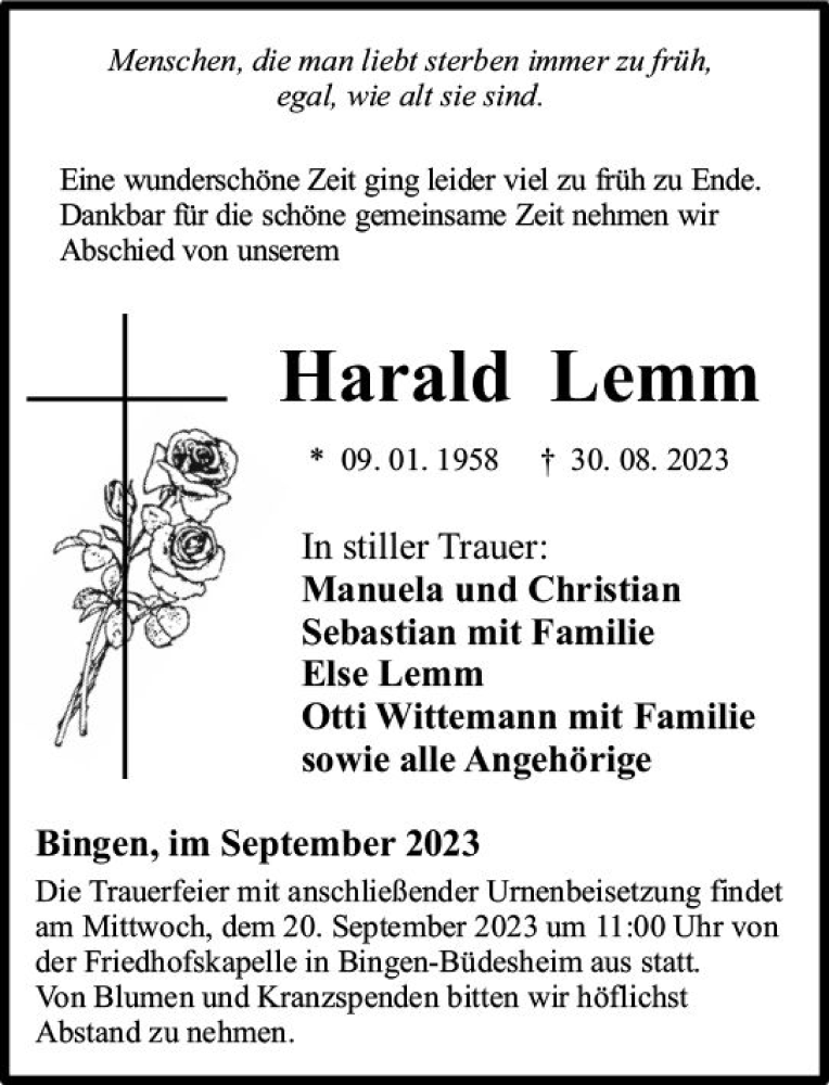  Traueranzeige für Harald Lemm vom 16.09.2023 aus Bingen/Ingelheim WOBL inkl. Neue Binger Ztg.