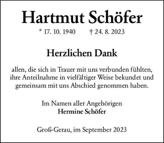 Traueranzeige von Hartmut Schäfer von Groß-Gerauer Echo