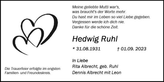 Traueranzeige von Hedwig Ruhl von Allgemeine Zeitung Mainz