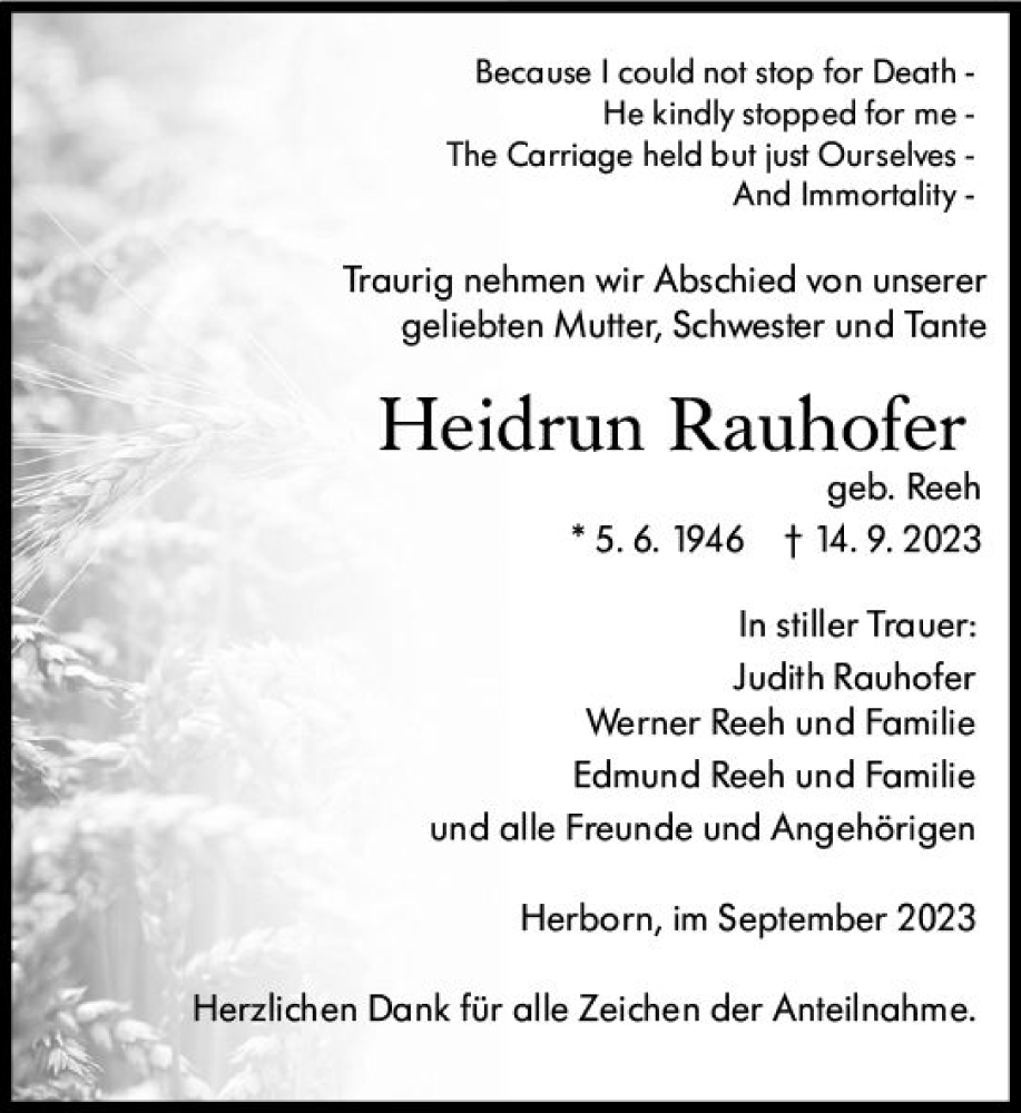  Traueranzeige für Heidrun Rauhofer vom 19.09.2023 aus Dill Block