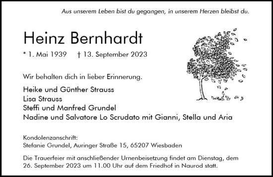 Traueranzeige von Heinz Bernhardt von Wiesbadener Kurier