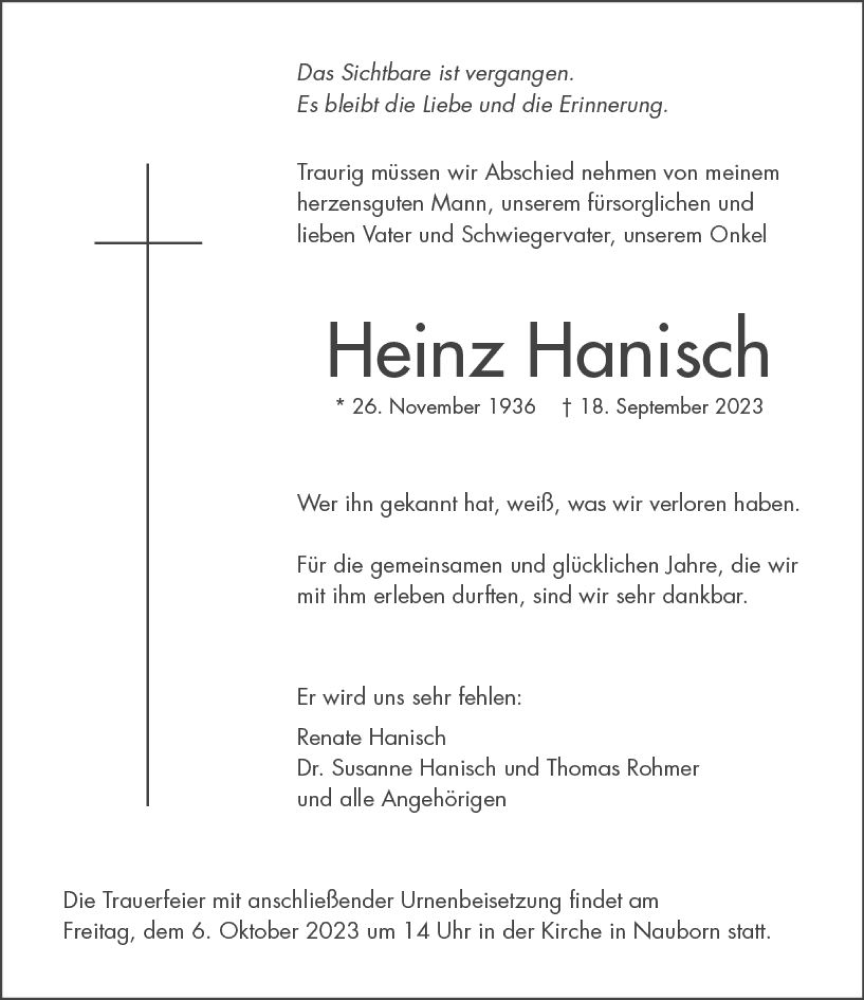  Traueranzeige für Heinz Hanisch vom 30.09.2023 aus Wetzlarer Neue Zeitung
