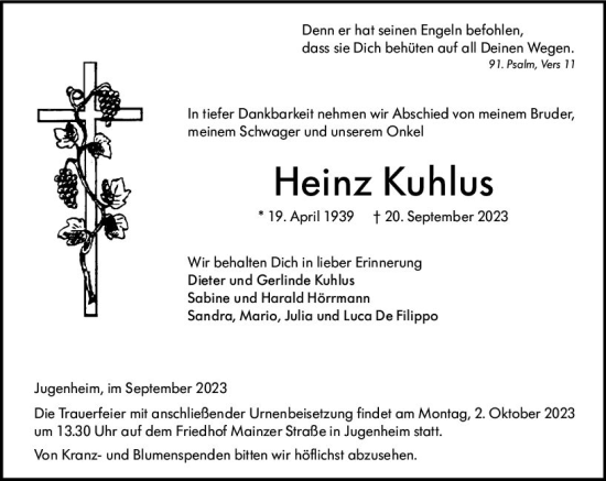 Traueranzeige von Heinz Kuhlus von Allgemeine Zeitung Mainz