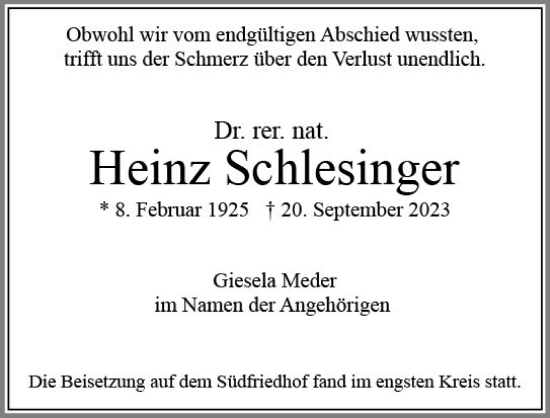 Traueranzeige von Heinz Schlesinger von Wiesbadener Kurier