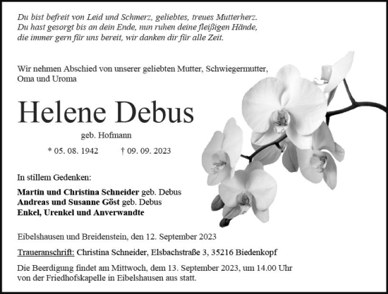 Traueranzeige von Helene Debus von Hinterländer Anzeiger