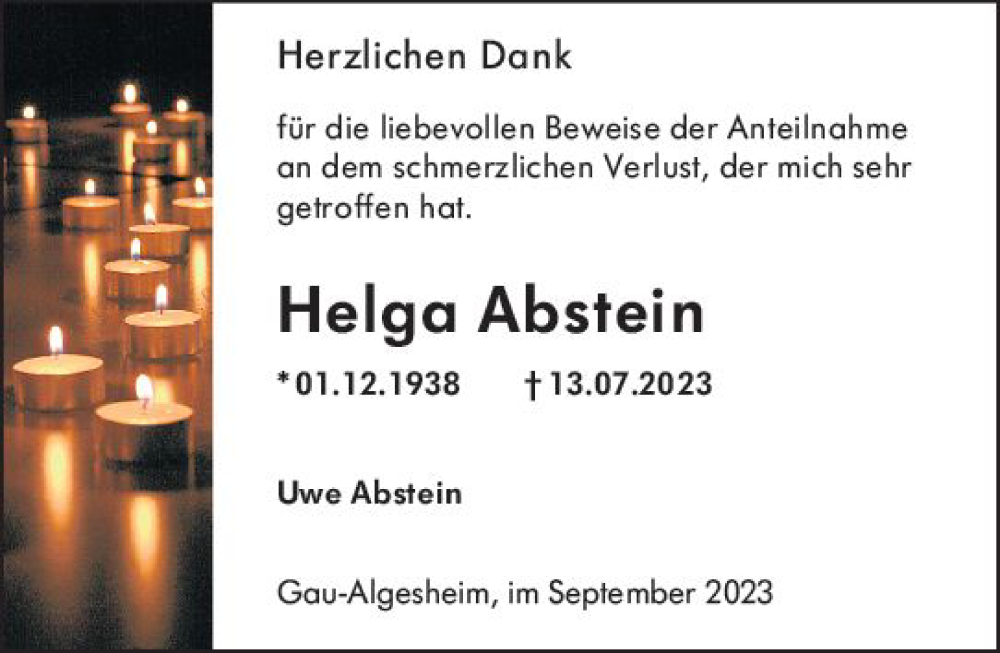  Traueranzeige für Helga Abstein vom 09.09.2023 aus Allgemeine Zeitung Bingen/Ingelheim