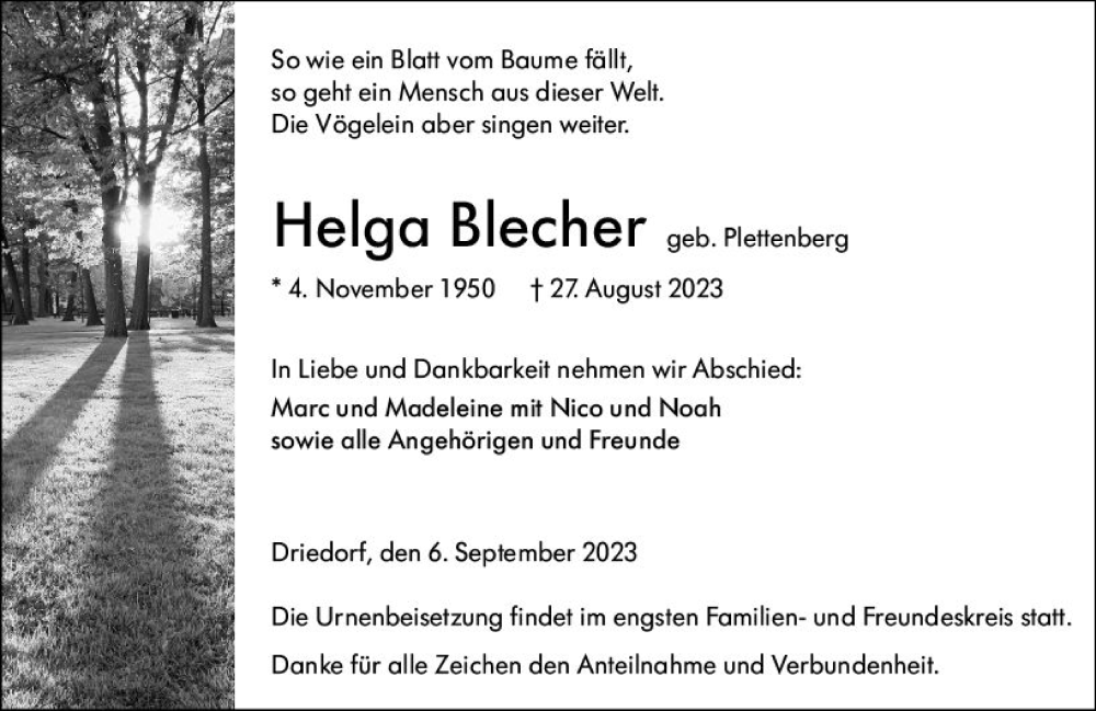  Traueranzeige für Helga Blecher vom 06.09.2023 aus Dill Block