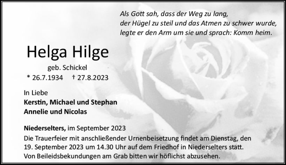  Traueranzeige für Helga Hilge vom 14.09.2023 aus Camberger Anzeiger