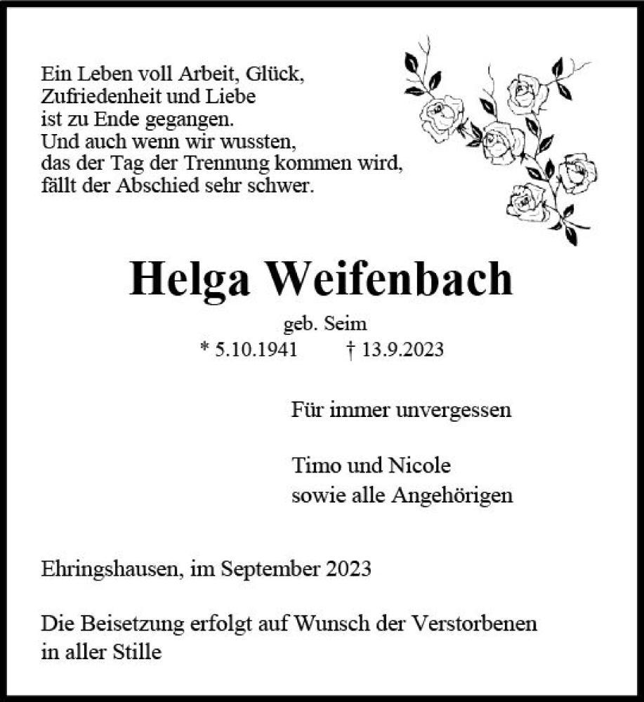 Traueranzeige für Helga Weifenbach vom 16.09.2023 aus Oberhessische Zeitung
