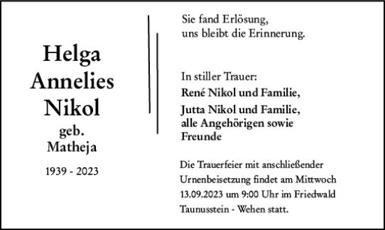 Traueranzeige von Helga Annelies Nikol von Wiesbadener Kurier
