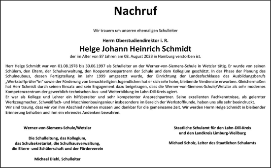 Traueranzeige von Helge Johann Heinrich Schmidt von Wetzlarer Neue Zeitung