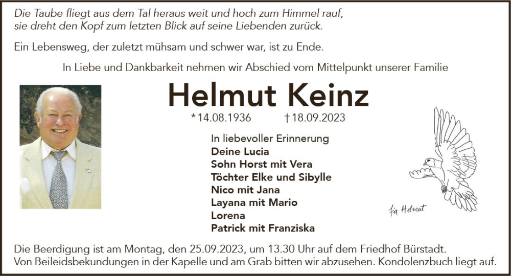  Traueranzeige für Helmut Keinz vom 21.09.2023 aus Starkenburger Echo