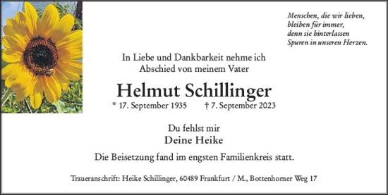 Traueranzeige von Helmut Schillinger von Wiesbadener Kurier