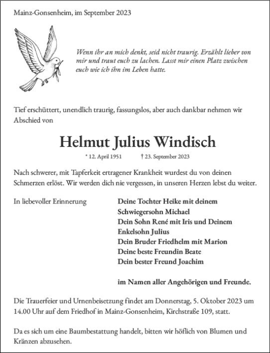 Traueranzeige von Helmut Julius Windisch von Allgemeine Zeitung Mainz