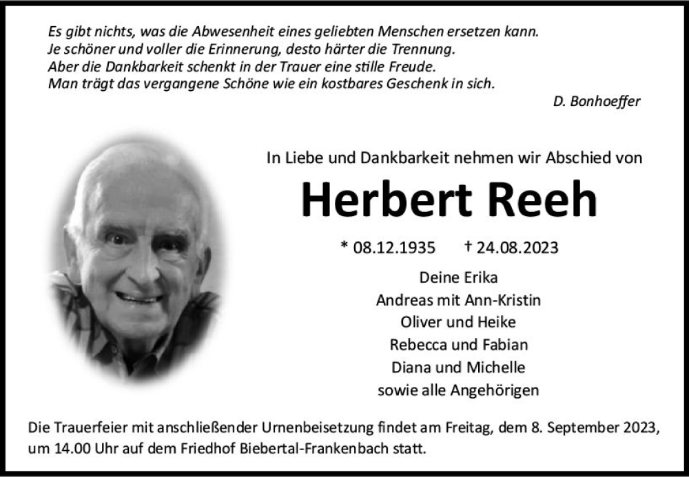  Traueranzeige für Herbert Reeh vom 02.09.2023 aus Wetzlarer Neue Zeitung