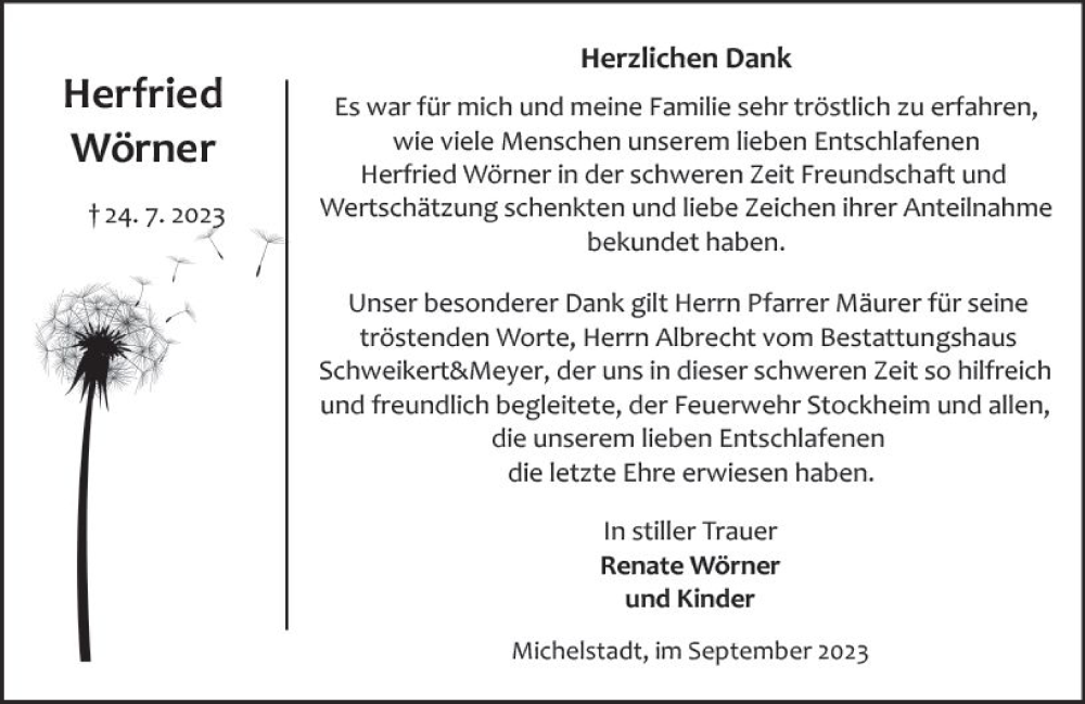  Traueranzeige für Herfried Wörner vom 09.09.2023 aus Odenwälder Echo