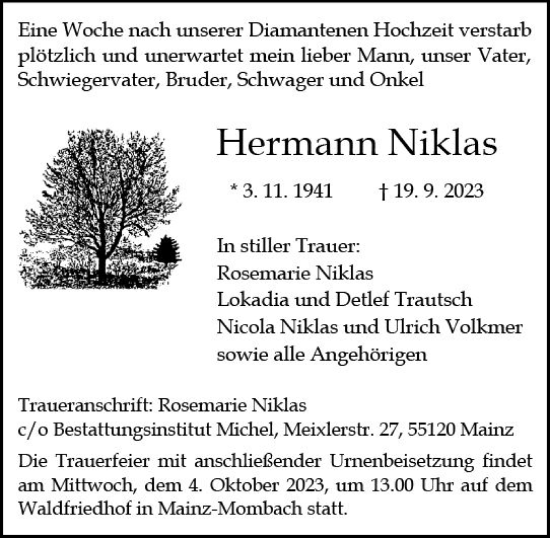 Traueranzeige von Hermann Niklas von Allgemeine Zeitung Mainz