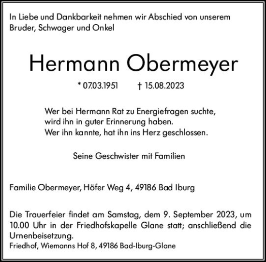 Traueranzeige von Hermann Obermeyer von Allgemeine Zeitung Mainz
