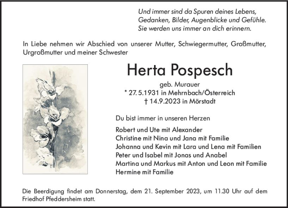  Traueranzeige für Herta Pospesch vom 19.09.2023 aus Wormser Zeitung