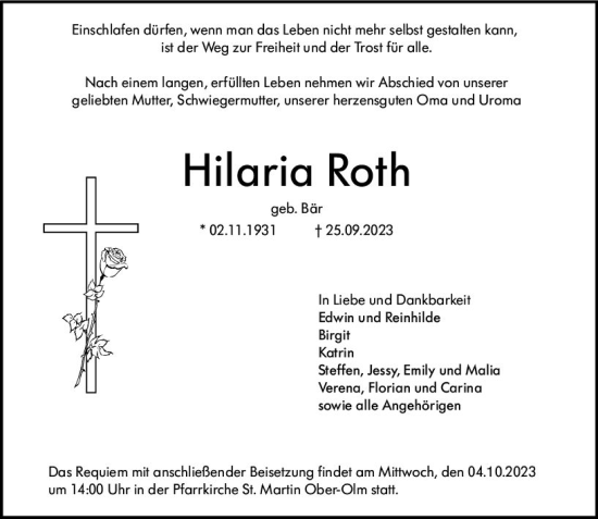 Traueranzeige von Hilaria Roth von Allgemeine Zeitung Mainz