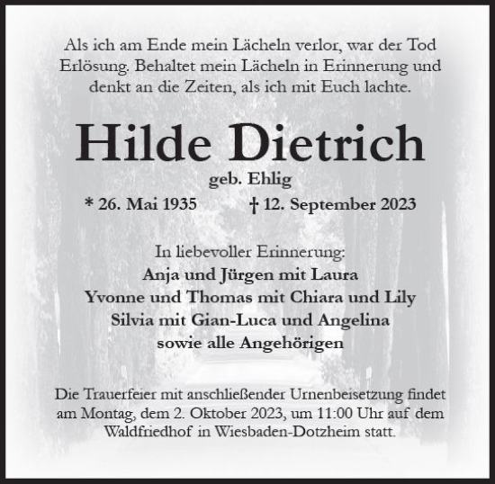 Traueranzeige von Hilde Dietrich von Wiesbadener Kurier