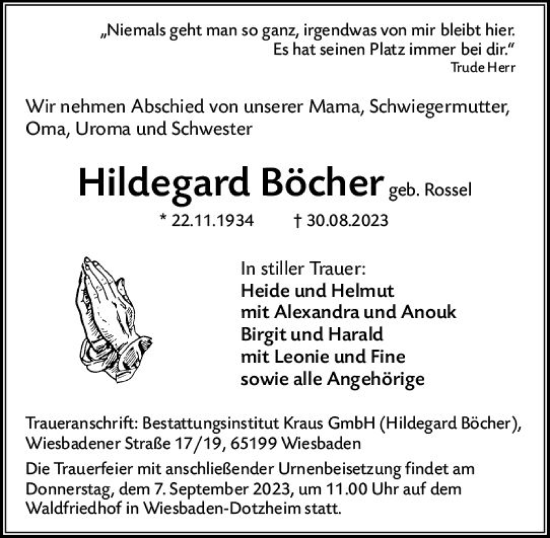 Traueranzeige von Hildegard Böcher von Wiesbadener Kurier