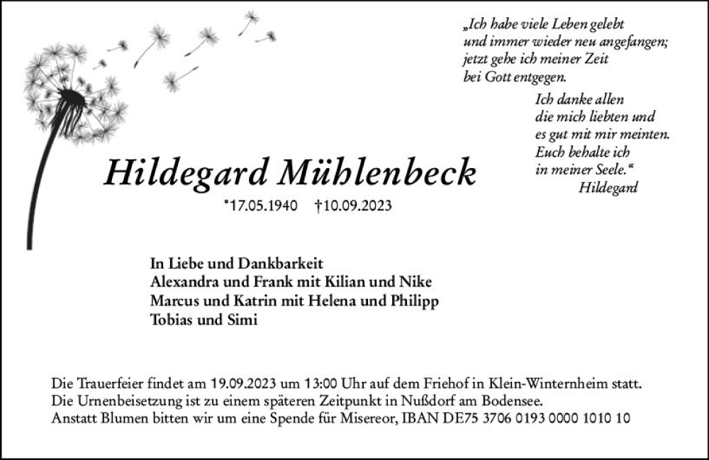  Traueranzeige für Hildegard Mühlenbeck vom 16.09.2023 aus Allgemeine Zeitung Mainz