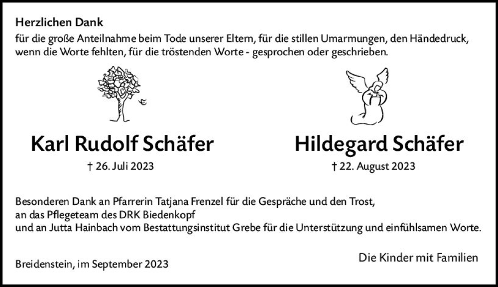  Traueranzeige für Hildegard Schäfer vom 23.09.2023 aus Hinterländer Anzeiger