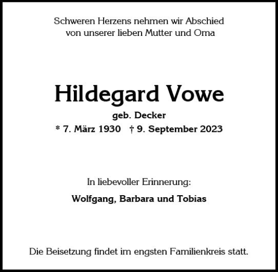 Traueranzeige von Hildegard Vowe von Wiesbadener Kurier