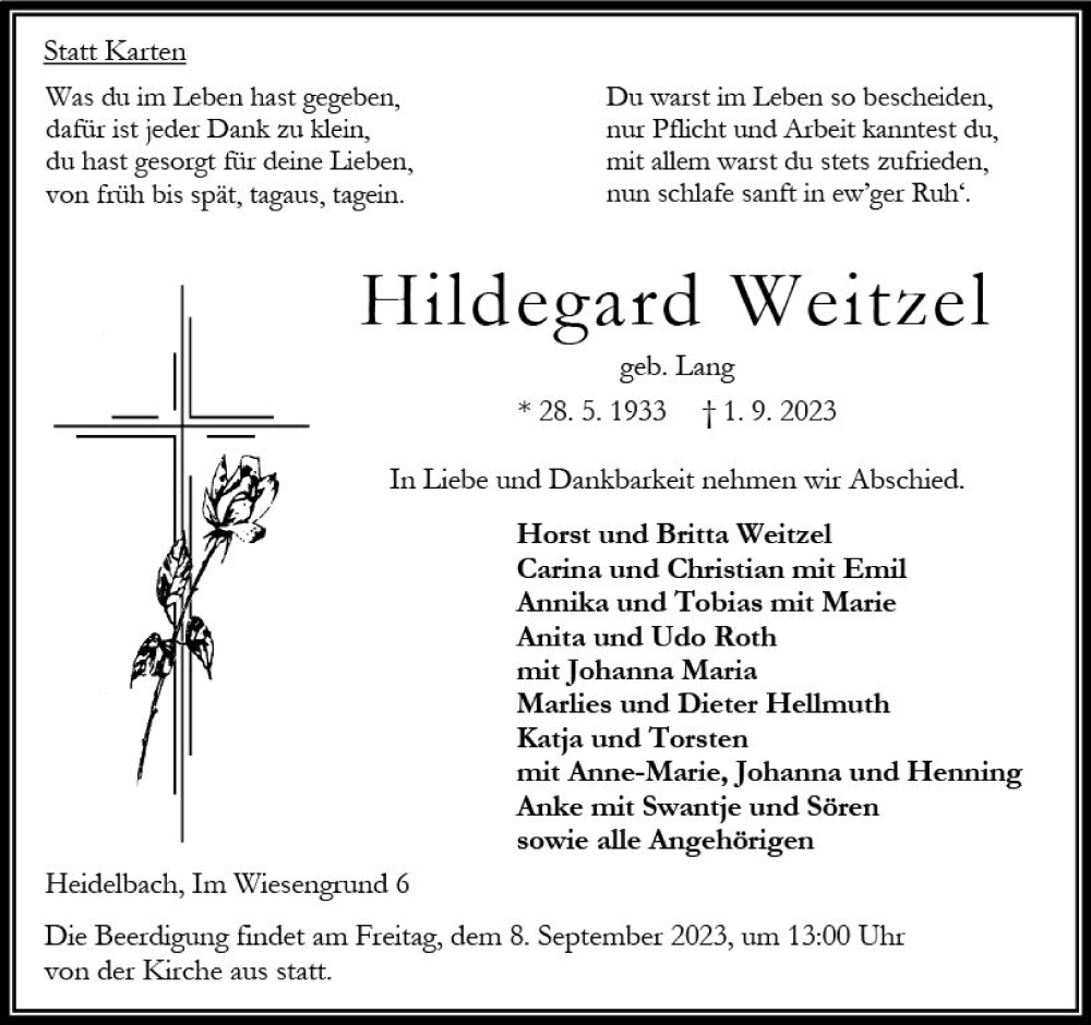  Traueranzeige für Hildegard Weitzel vom 05.09.2023 aus Oberhessische Zeitung