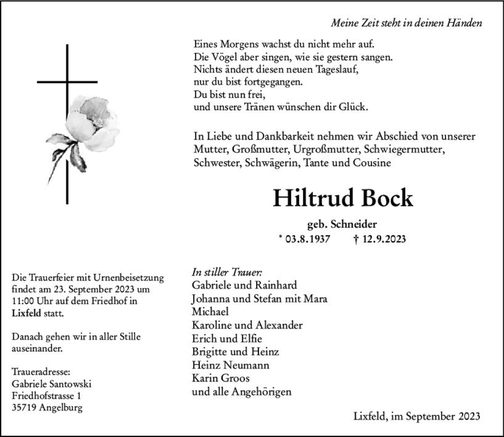  Traueranzeige für Hiltrud Bock vom 19.09.2023 aus Hinterländer Anzeiger