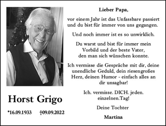 Traueranzeige von Horst Grigo von Rüsselsheimer Echo