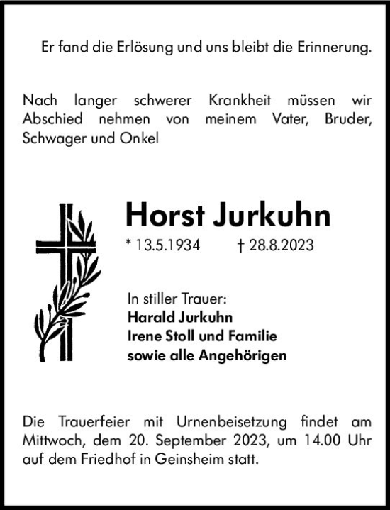 Traueranzeige von Horst Jurkuhn von Groß-Gerauer Echo